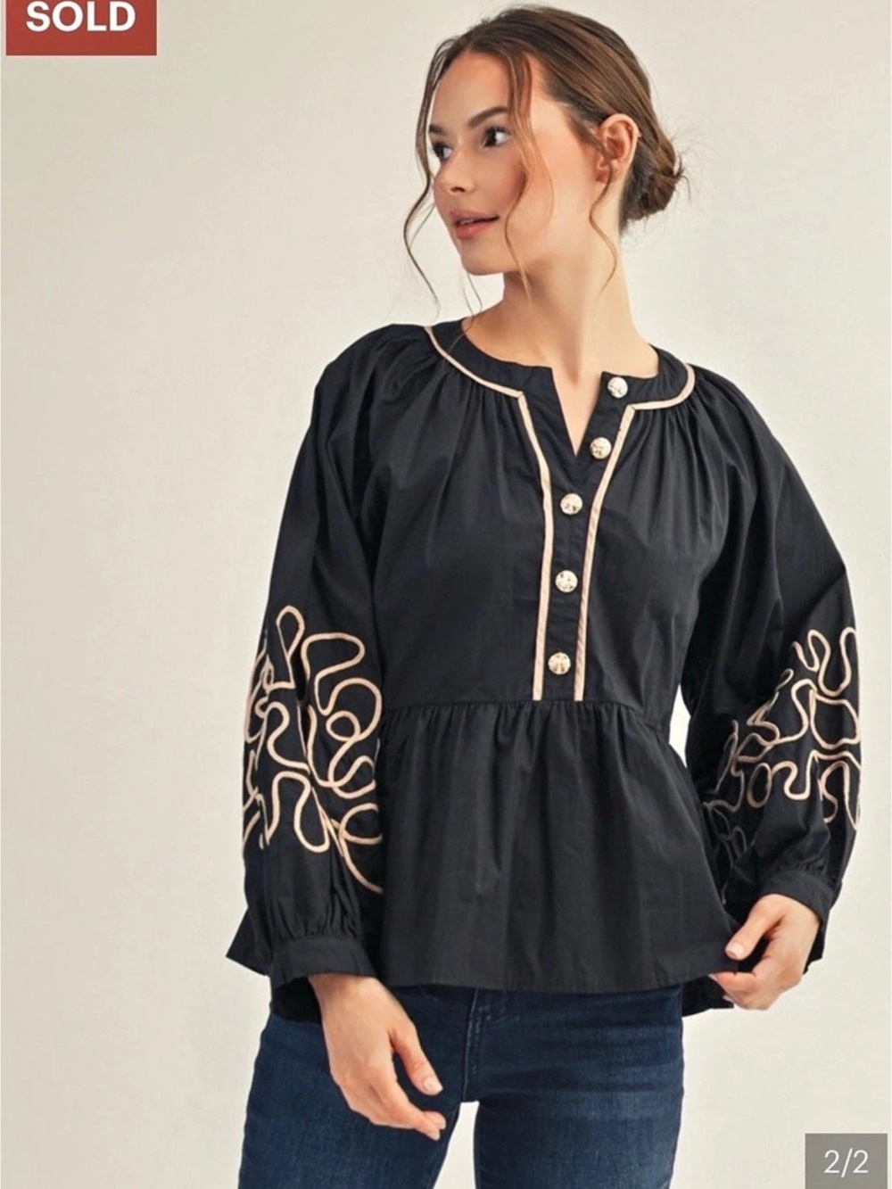Jodifl Peplum Embroidered Sleeve Blouse in Black NWT Size Large